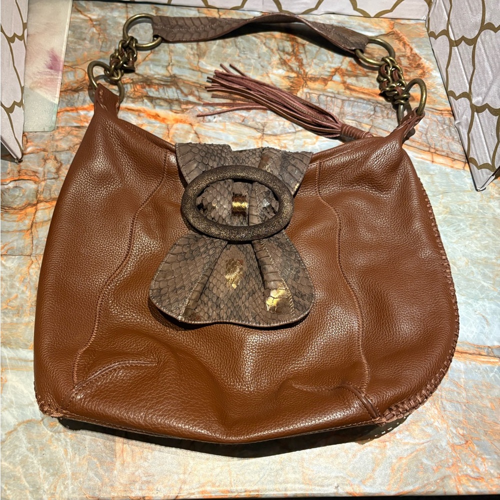 Chi designed by Carlos Falchi Leather Shoulder
Bag With Fringe